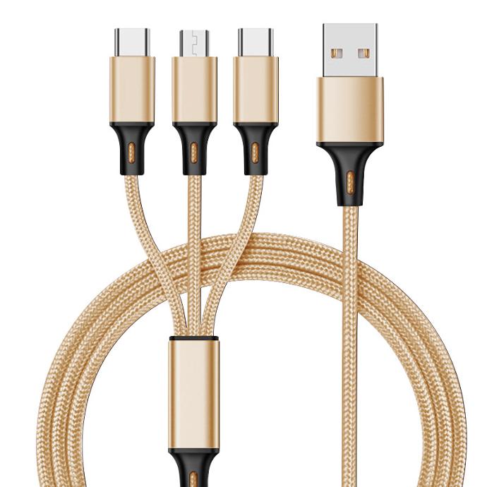 Factory Delivery 3-in-1 Charging Cable Hot Sale Multiple Colors Nylon Braid Usb Type-c Data Cable for iphone Samsung All Phone